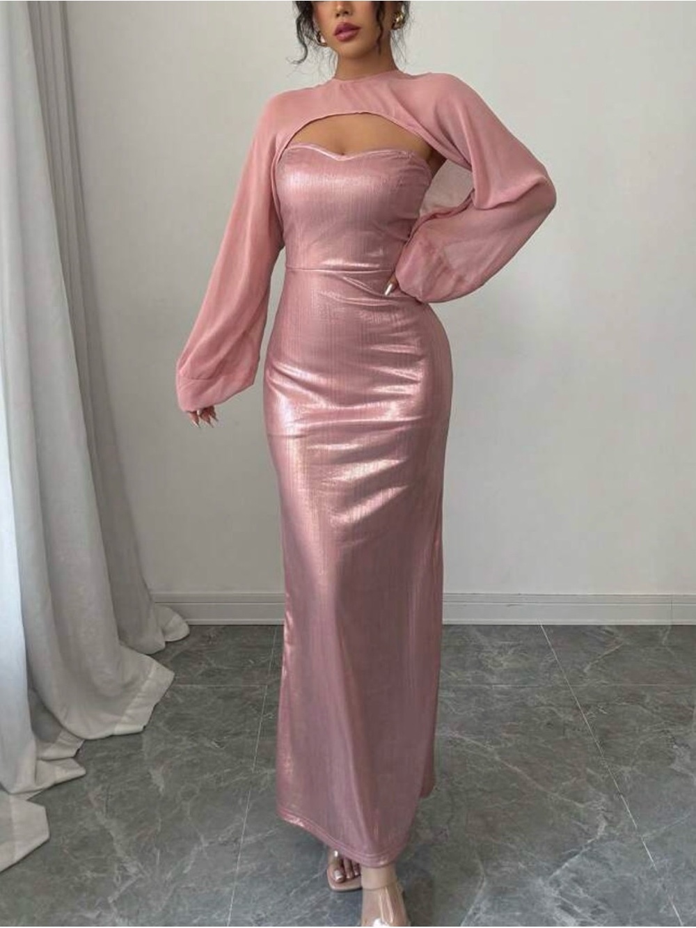 Rose-Pink Satin Long Sleeve Column Dress with Sheer Cape